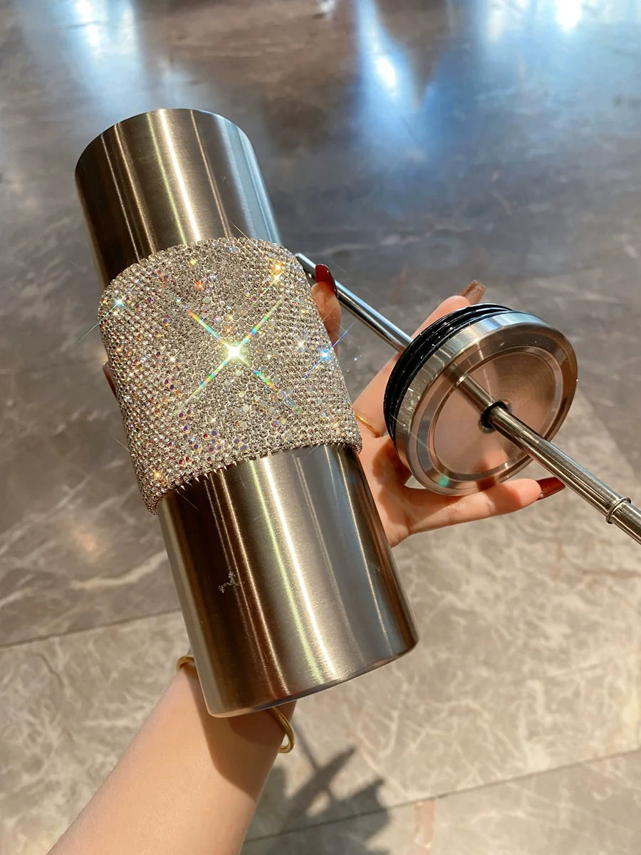 High-End Diamond-Encrusted Straw Cup – Portable Stainless Steel Coffee & Ice Cup