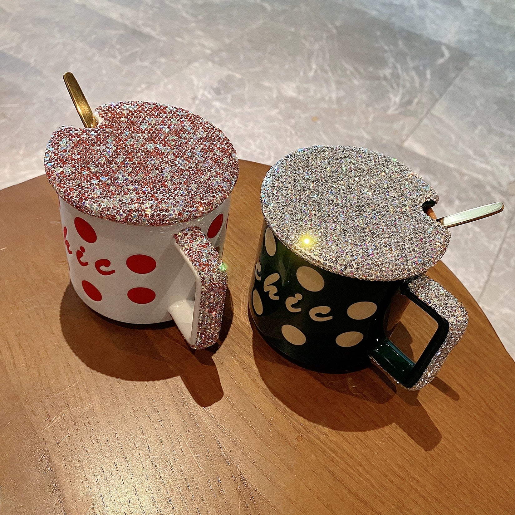 Household High-Looking Mug With Lid And Spoon Large Capacity Light Luxury Diamond-Encrusted Coffee Cup Office Internet Celebrity Style Tea Cup