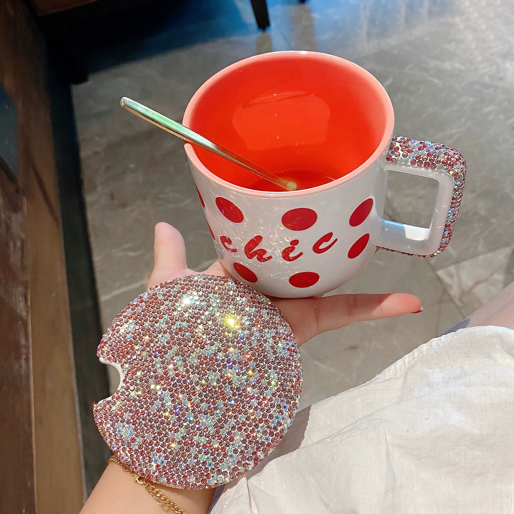 Household High-Looking Mug With Lid And Spoon Large Capacity Light Luxury Diamond-Encrusted Coffee Cup Office Internet Celebrity Style Tea Cup