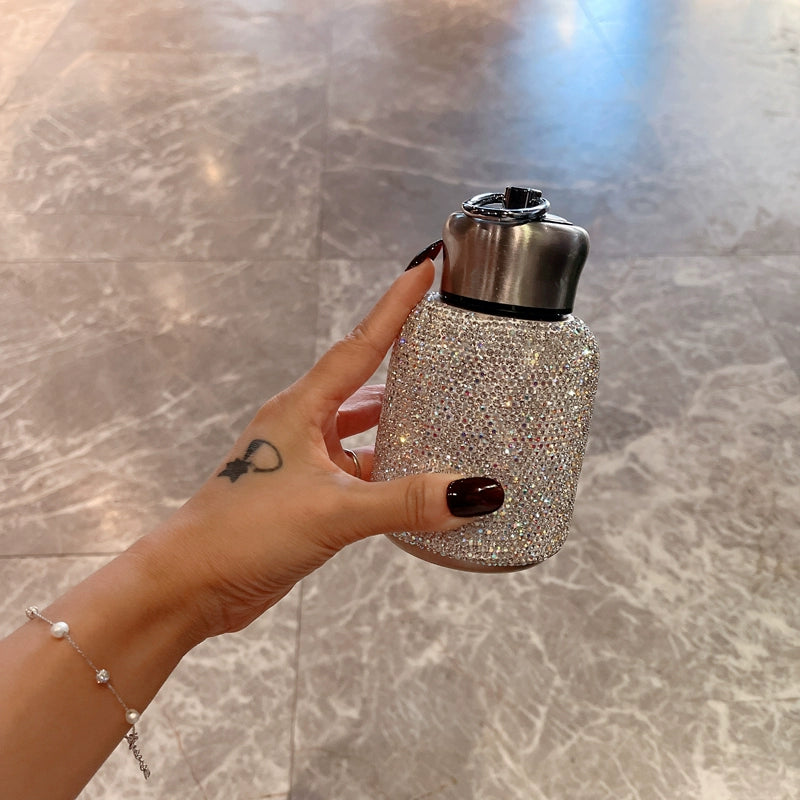 Diamond-Encrusted Stainless Steel Thermos Cup – Portable Crossbody Water Bottle for Car & Travel