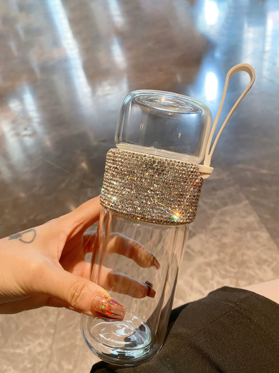 Diamond-Encrusted Double-Wall Glass Tea Cup – High-Temperature Resistant with Tea & Water Separation