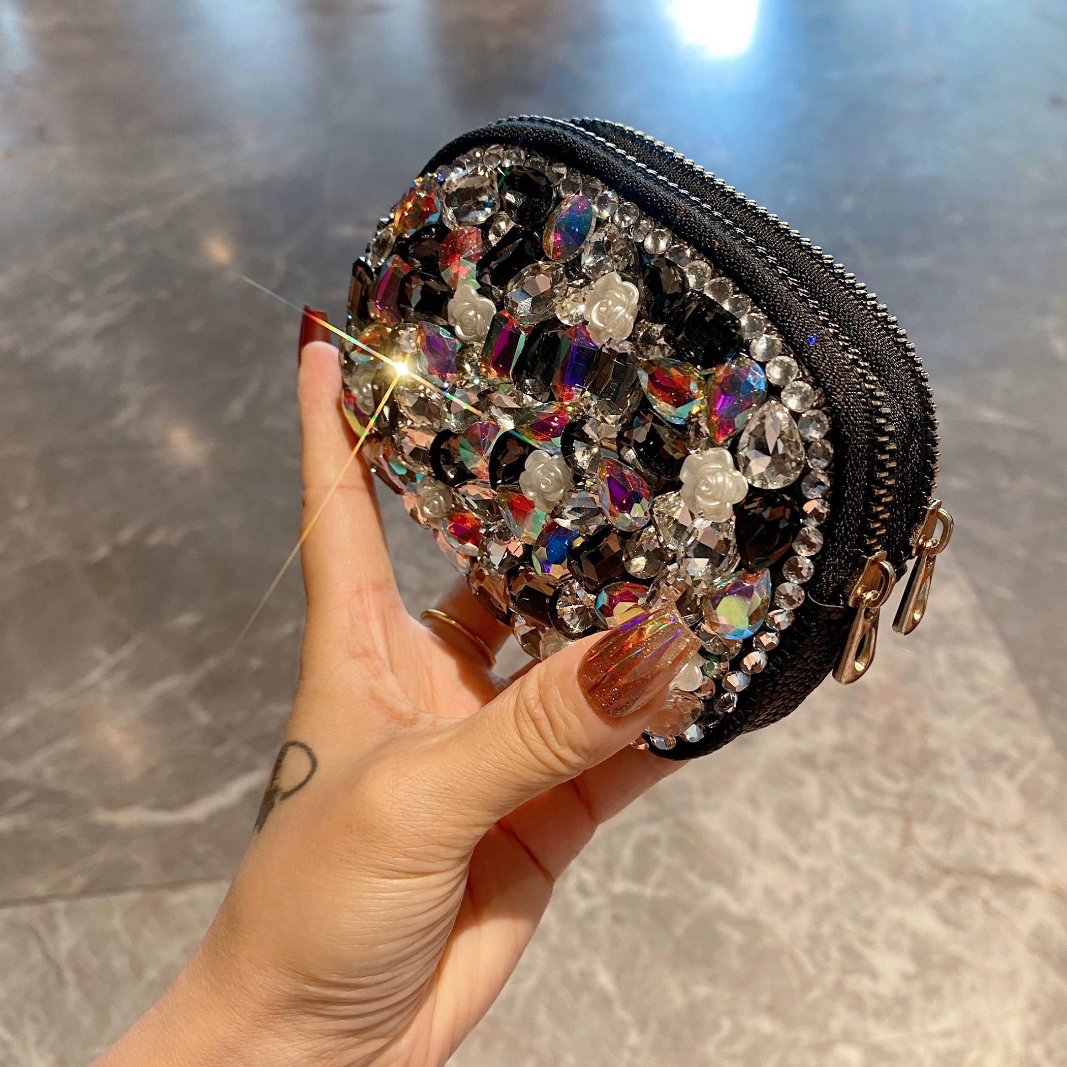 Diamond-Encrusted Portable Coin & Card Purse – Double-Layer Zipper Wallet for Travel & Gifts