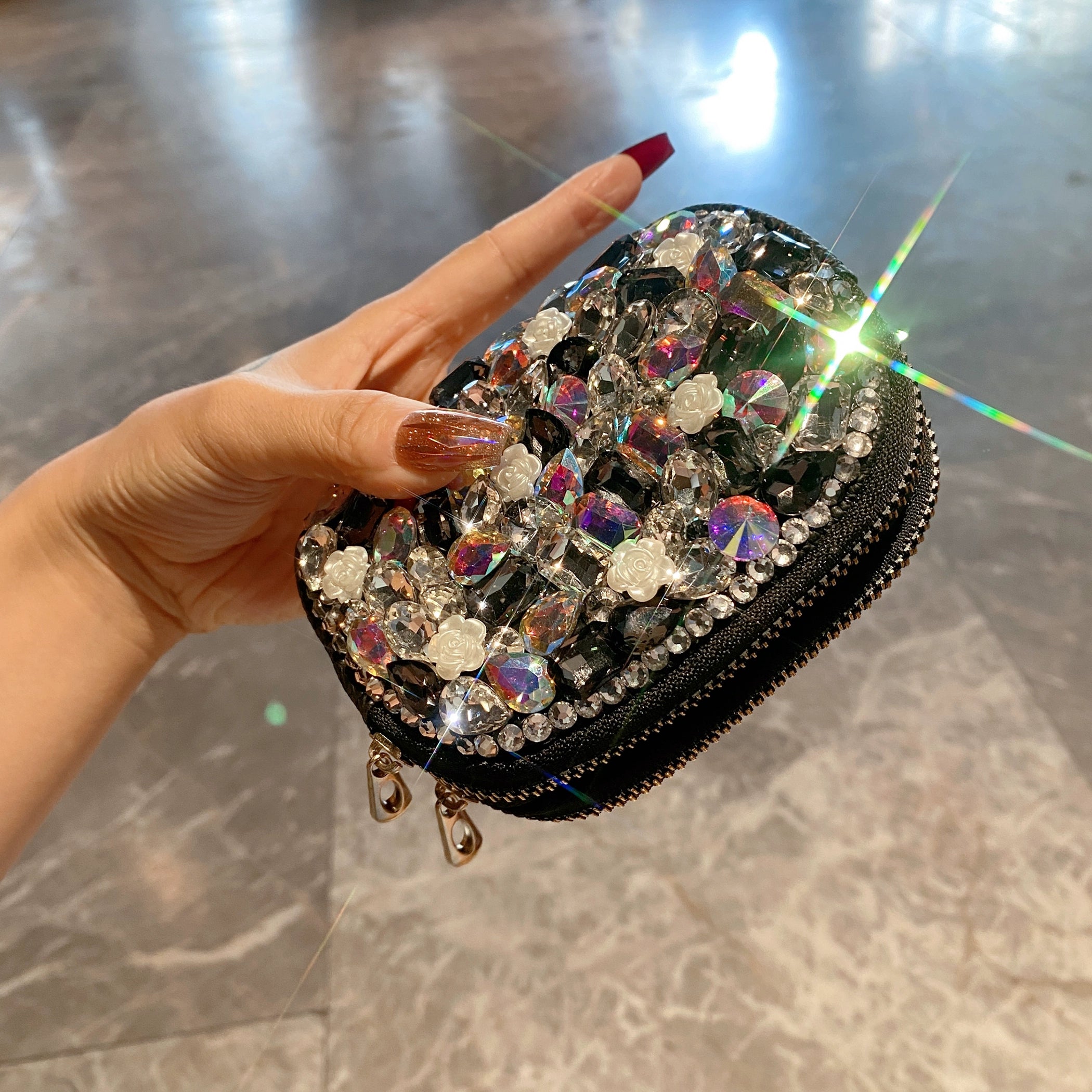 Diamond-Encrusted Portable Coin & Card Purse – Double-Layer Zipper Wallet for Travel & Gifts