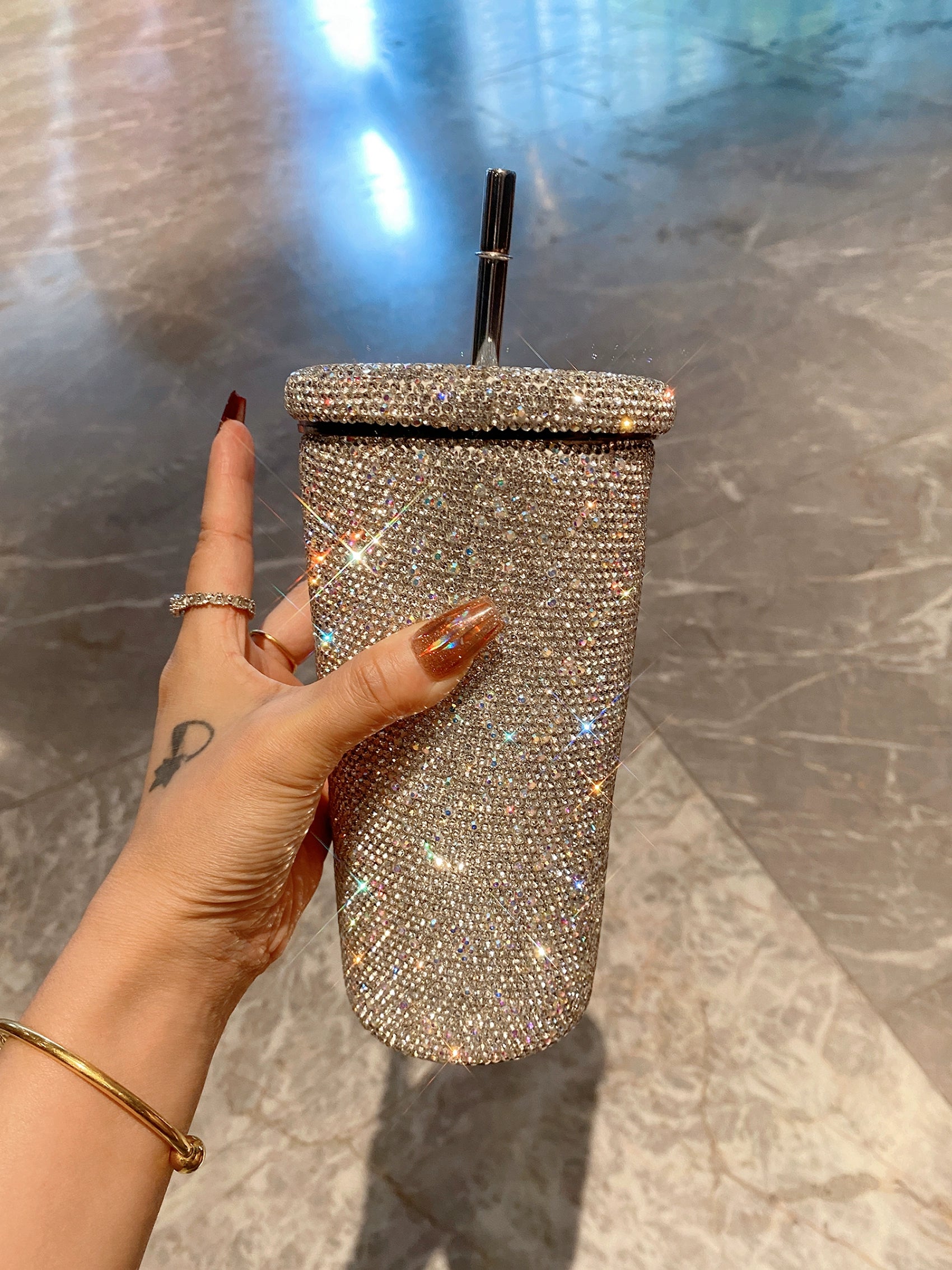 Diamond-Encrusted Stainless Steel Coffee Tumbler – Portable Thermos with Straw for Women