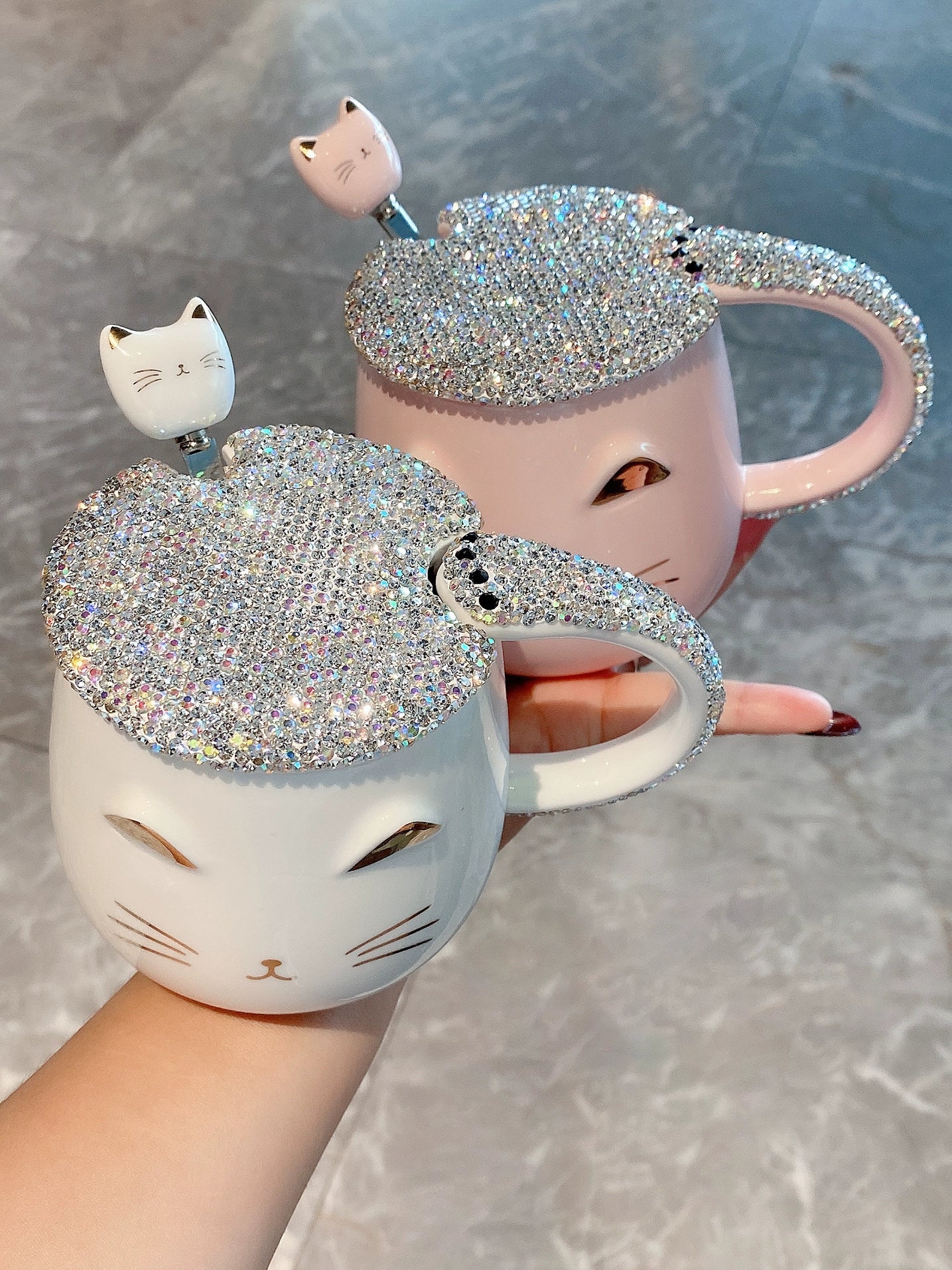 Celebrity Luxury Cat Mug – Diamond-Encrusted Girly Heart Water Cup with Lid and Spoon