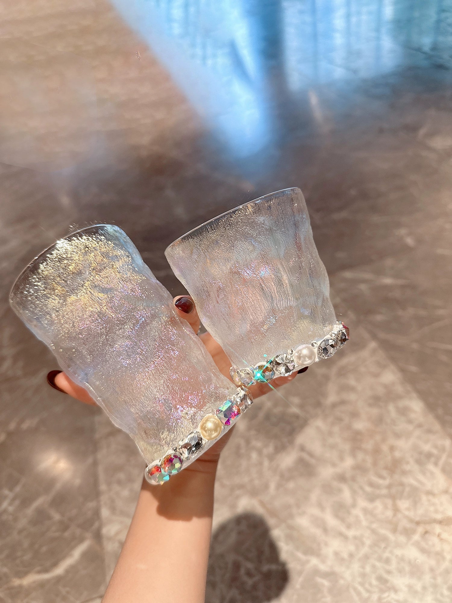 Diamond-Encrusted Gradient Glass Cup – Trendy Water, Juice, Coffee & Beer Glass for Home