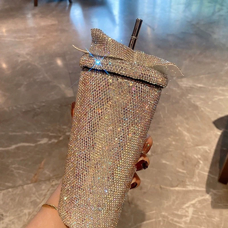 Large Bow Diamond-Encrusted Stainless Steel Straw Cup – Thermos for Cold Coffee & Water
