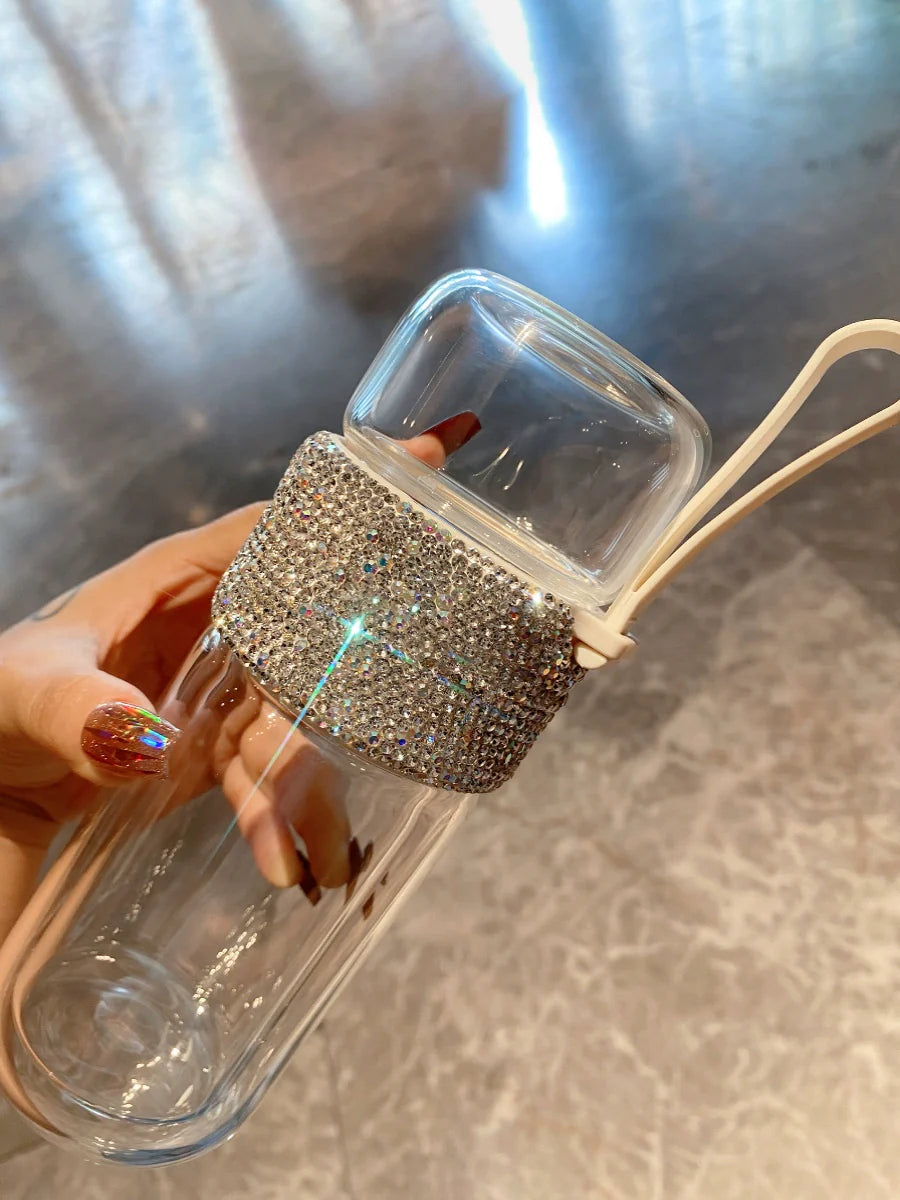 Diamond-Encrusted Double-Wall Glass Tea Cup – High-Temperature Resistant with Tea & Water Separation