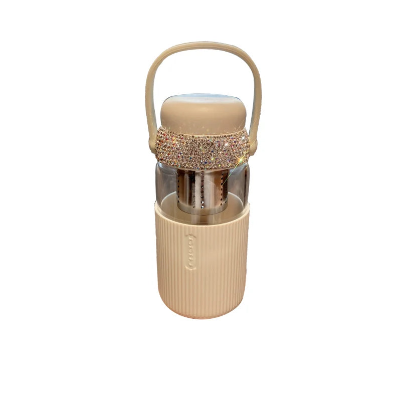 Diamond-Encrusted Stainless Steel Thermos – Large-Capacity Tea & Water Separation Tumbler