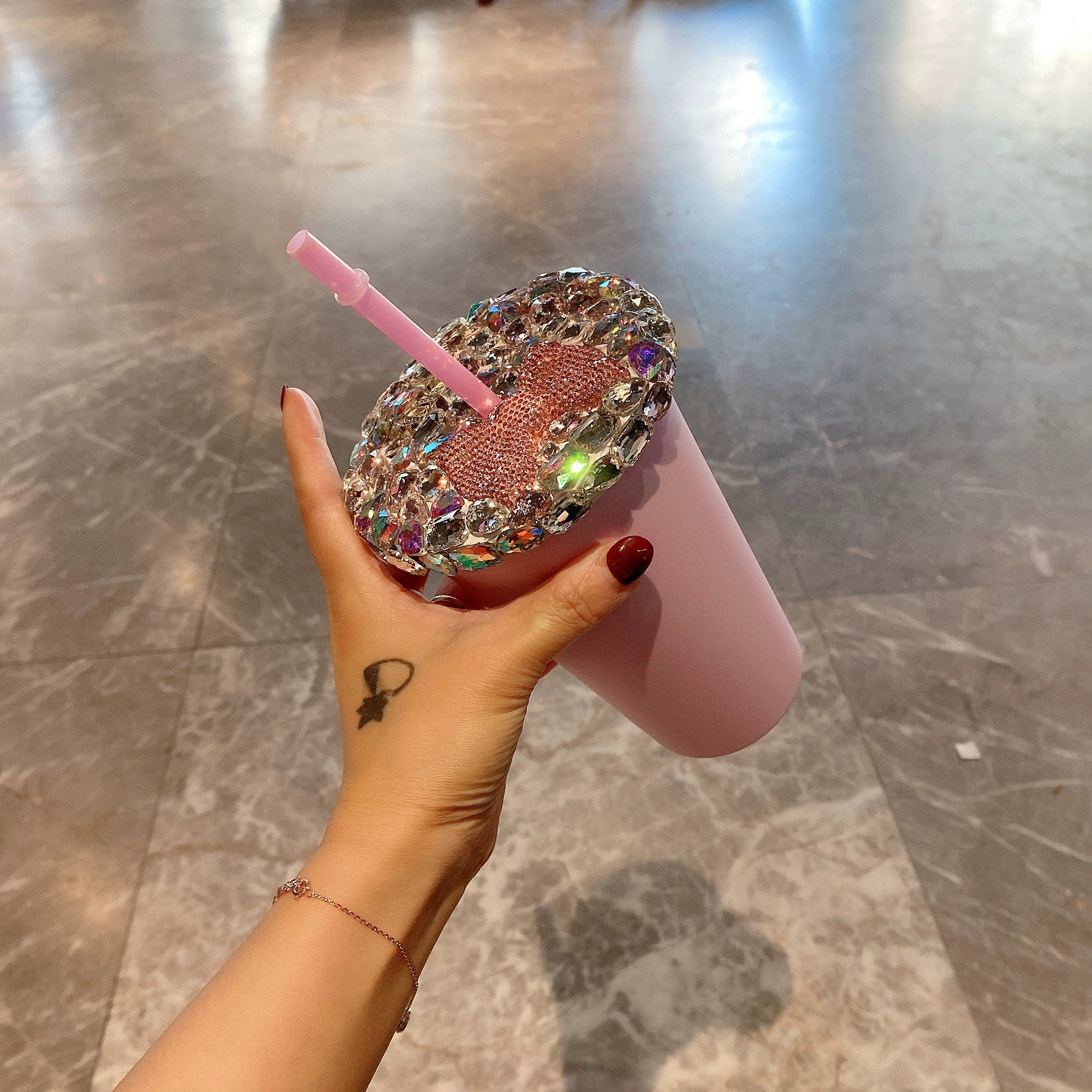 Pink Girly Heart Diamond-Encrusted Water & Straw Cup – Luxury Large-Capacity Portable Tumbler