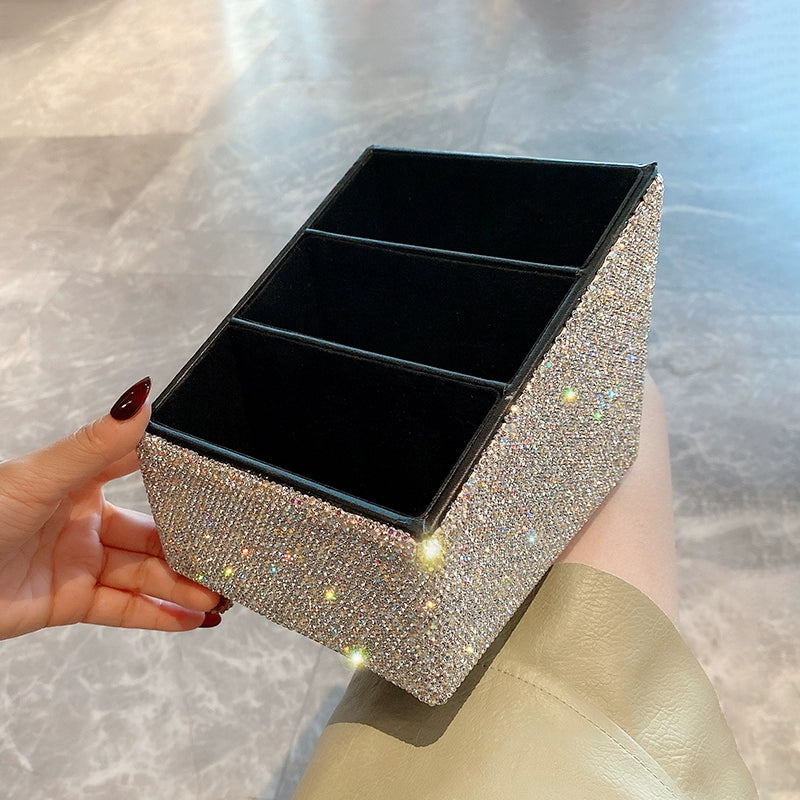 Diamond-Encrusted Korean Cosmetic Organizer – Multifunctional Desktop Storage for Skincare & Makeup