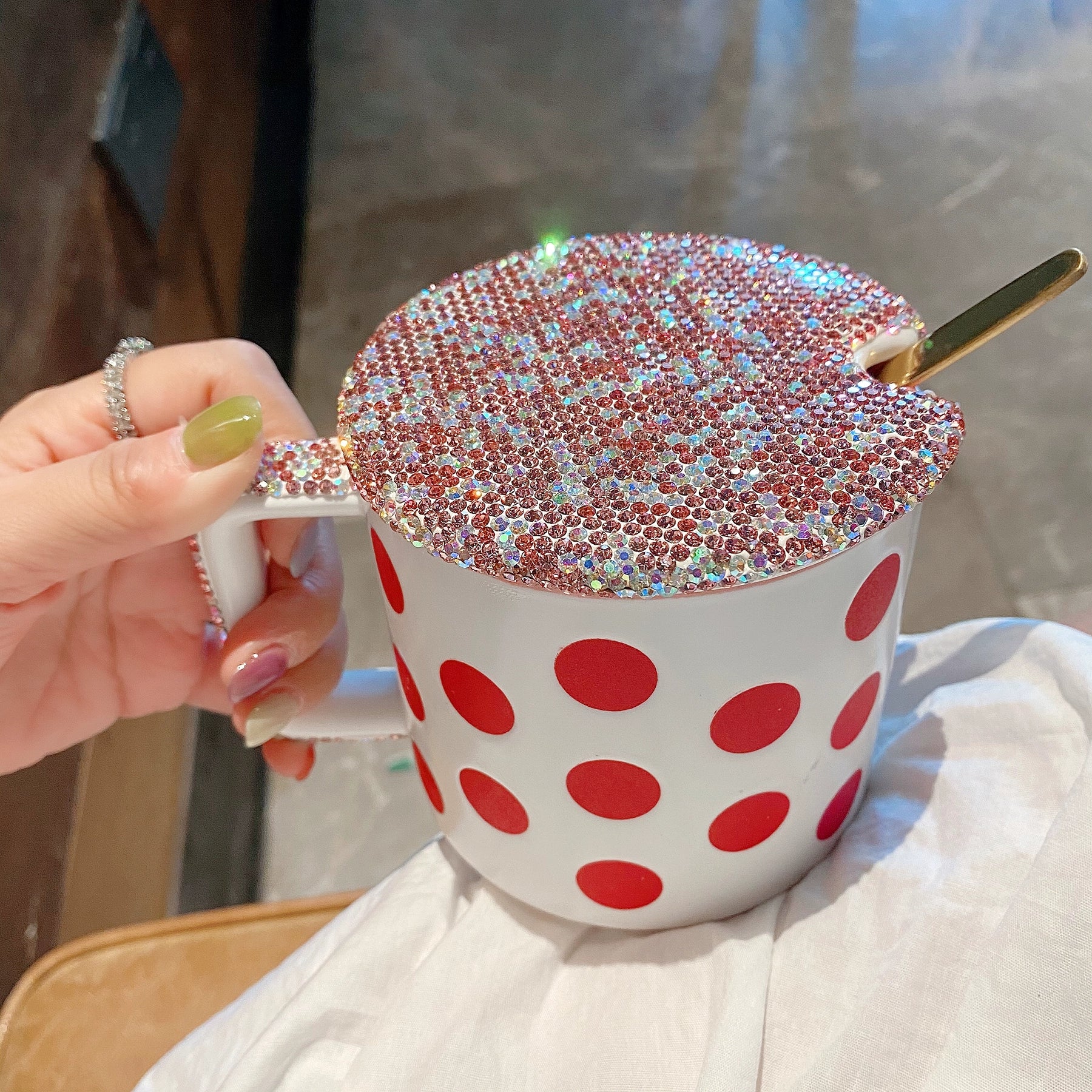 Household High-Looking Mug With Lid And Spoon Large Capacity Light Luxury Diamond-Encrusted Coffee Cup Office Internet Celebrity Style Tea Cup