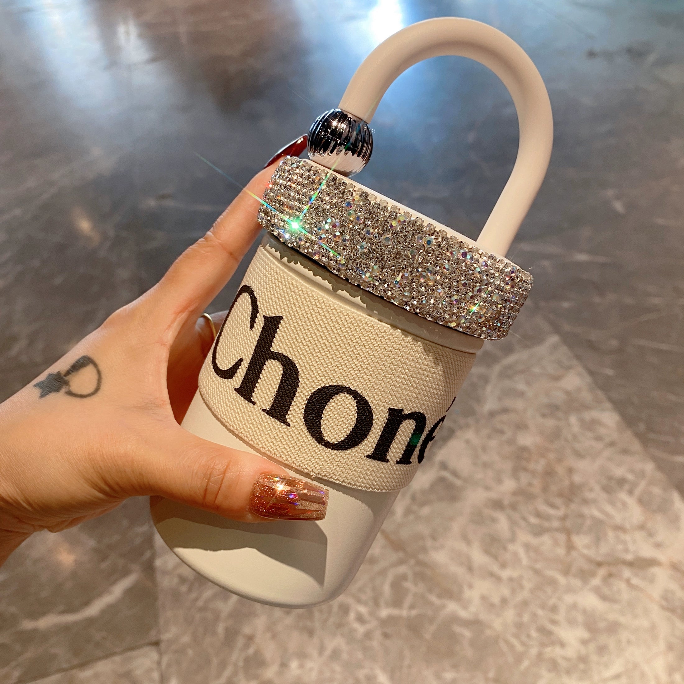 Diamond-Encrusted 316 Stainless Steel Mini Thermos Cup – Portable Light Luxury Coffee & Water Cup for Women