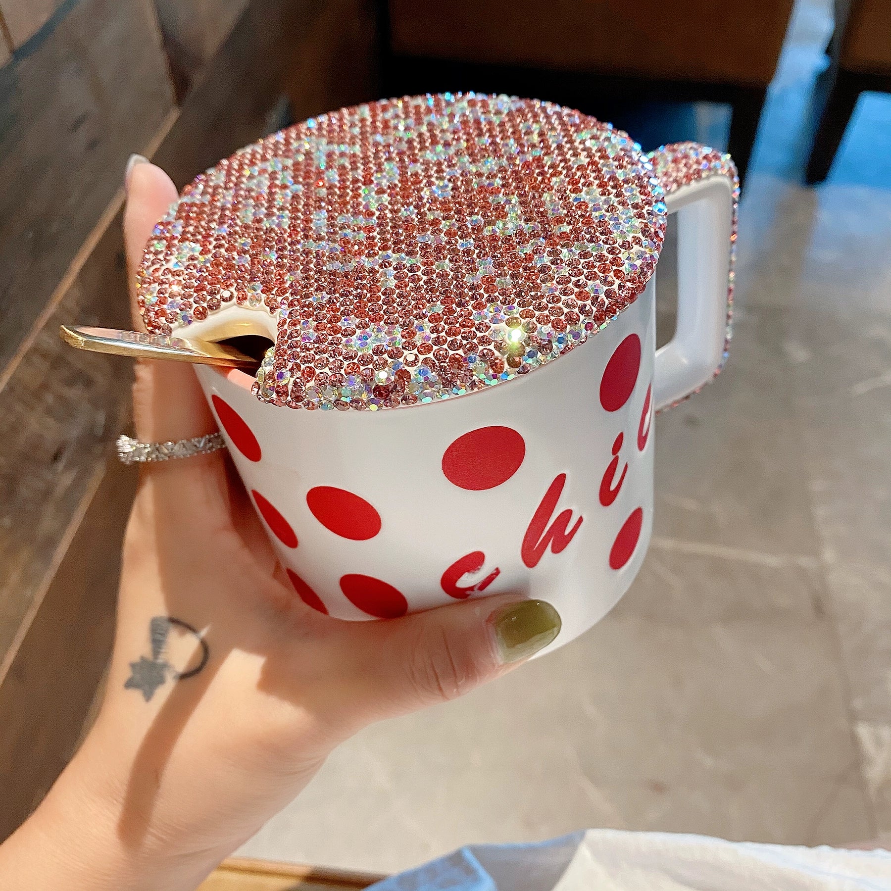 Household High-Looking Mug With Lid And Spoon Large Capacity Light Luxury Diamond-Encrusted Coffee Cup Office Internet Celebrity Style Tea Cup