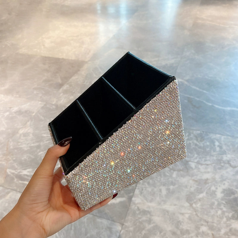 Diamond-Encrusted Korean Cosmetic Organizer – Multifunctional Desktop Storage for Skincare & Makeup
