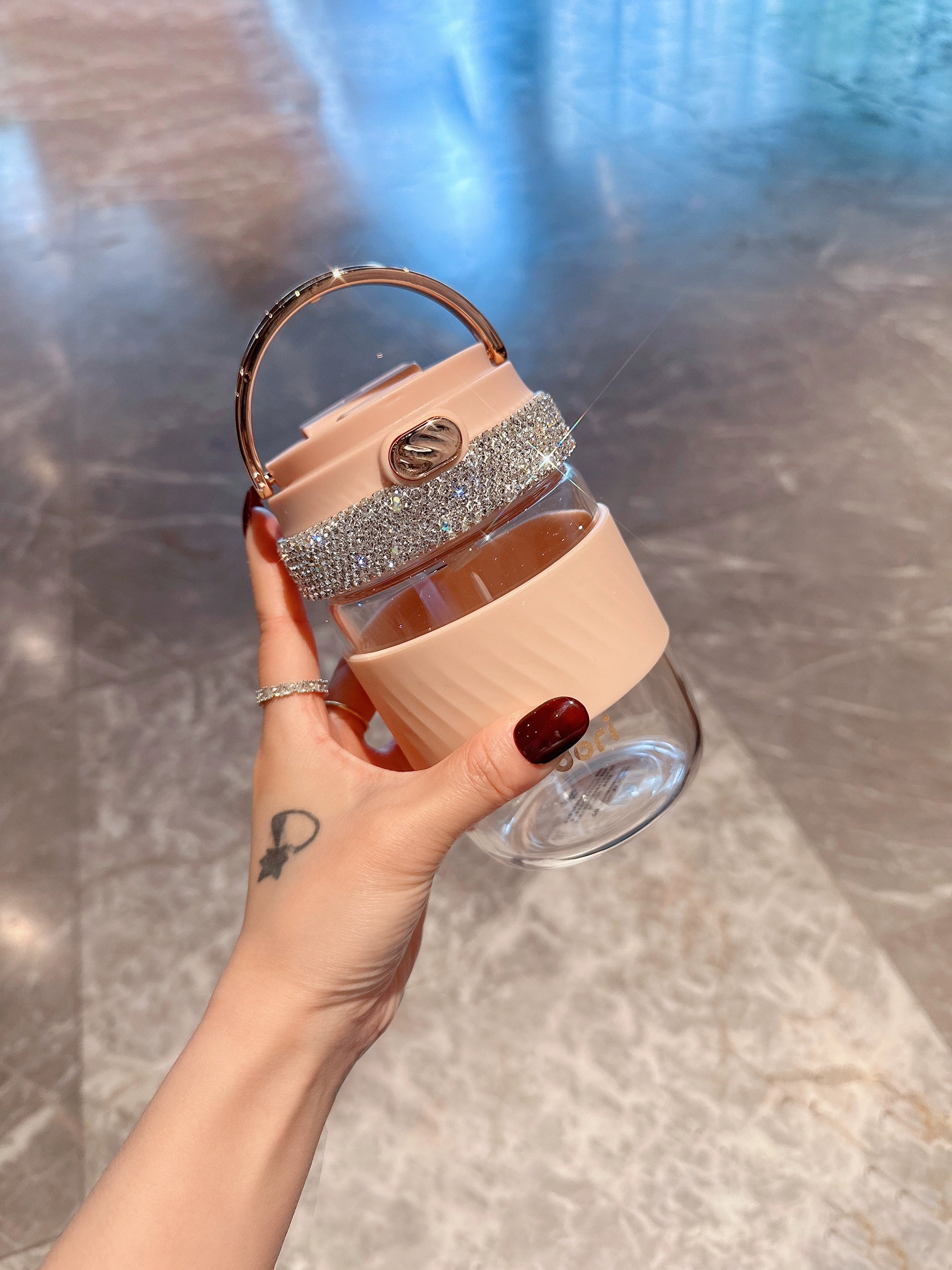 Diamond-Encrusted Double-Straw Glass Tumbler – Large Capacity Coffee & Water Cup for Home & Office