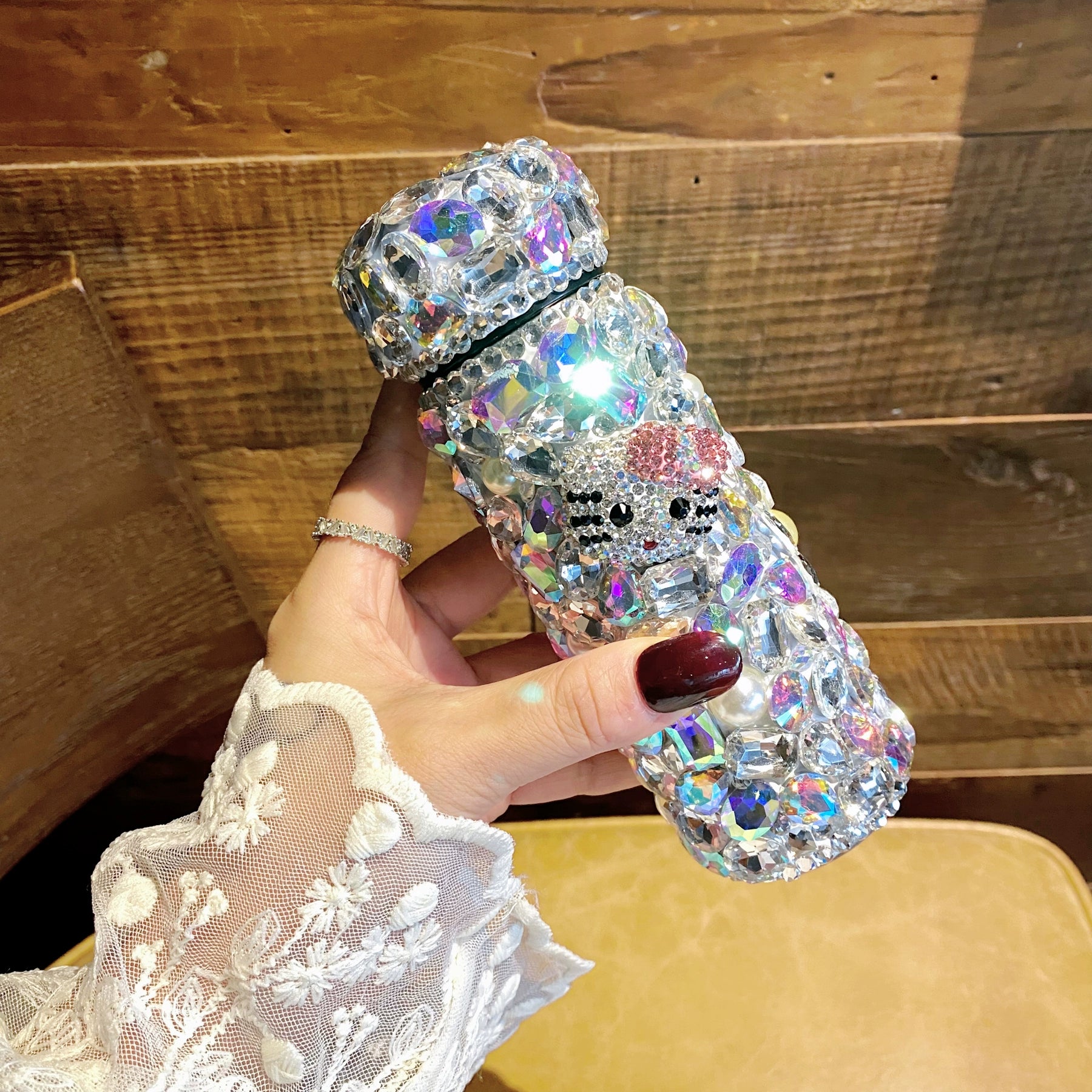 KT Cat Diamond-Encrusted Mini Stainless Steel Thermos Cup – Portable Water Bottle for Women