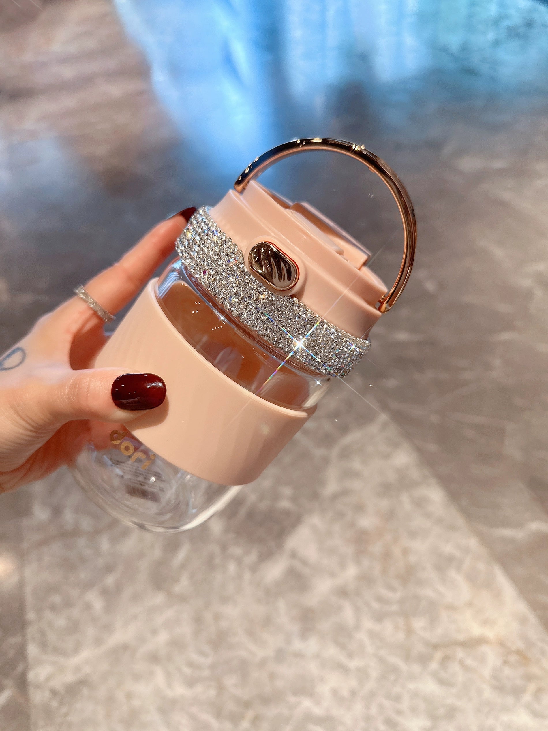 Diamond-Encrusted Double-Straw Glass Tumbler – Large Capacity Coffee & Water Cup for Home & Office