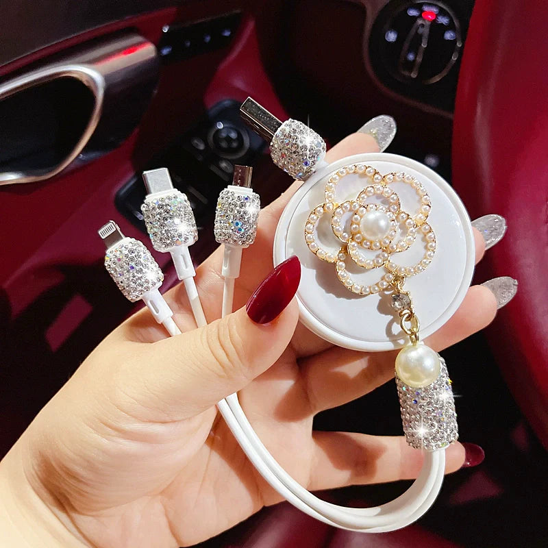 Multi-Function Car Fast Charger with 1-3 Retractable Camellia Diamond Data Cables