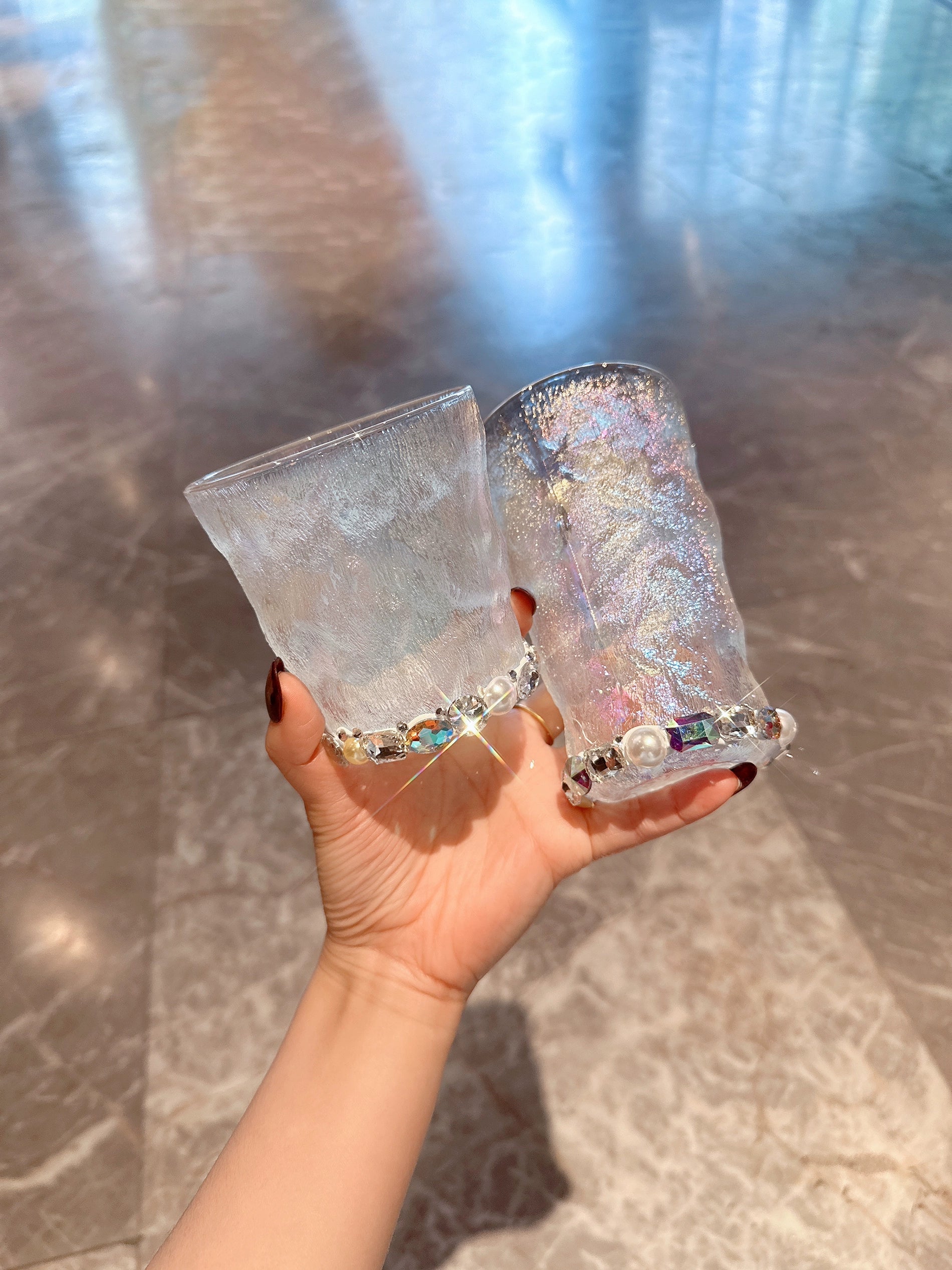 Diamond-Encrusted Gradient Glass Cup – Trendy Water, Juice, Coffee & Beer Glass for Home