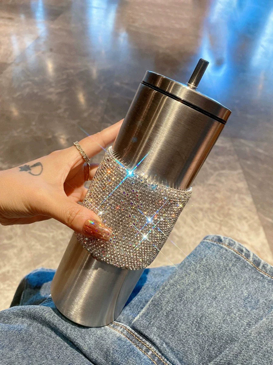High-End Diamond-Encrusted Straw Cup – Portable Stainless Steel Coffee & Ice Cup
