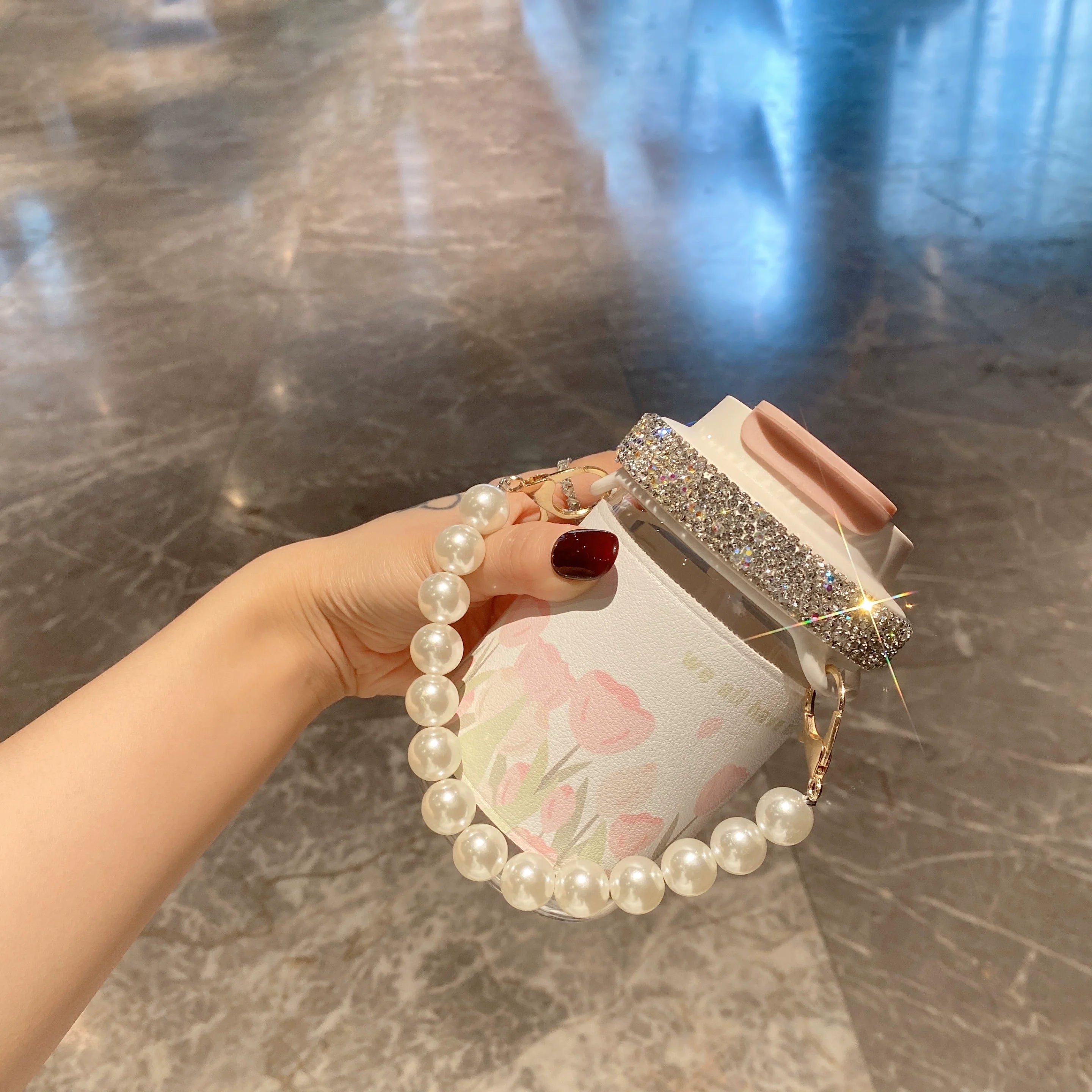 High-End Pearl Diamond-Encrusted Glass Cup – Large-Capacity Double-Straw Portable Water Tumbler