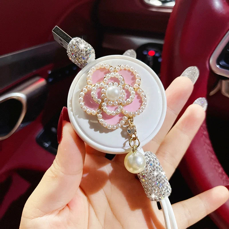 Multi-Function Car Fast Charger with 1-3 Retractable Camellia Diamond Data Cables