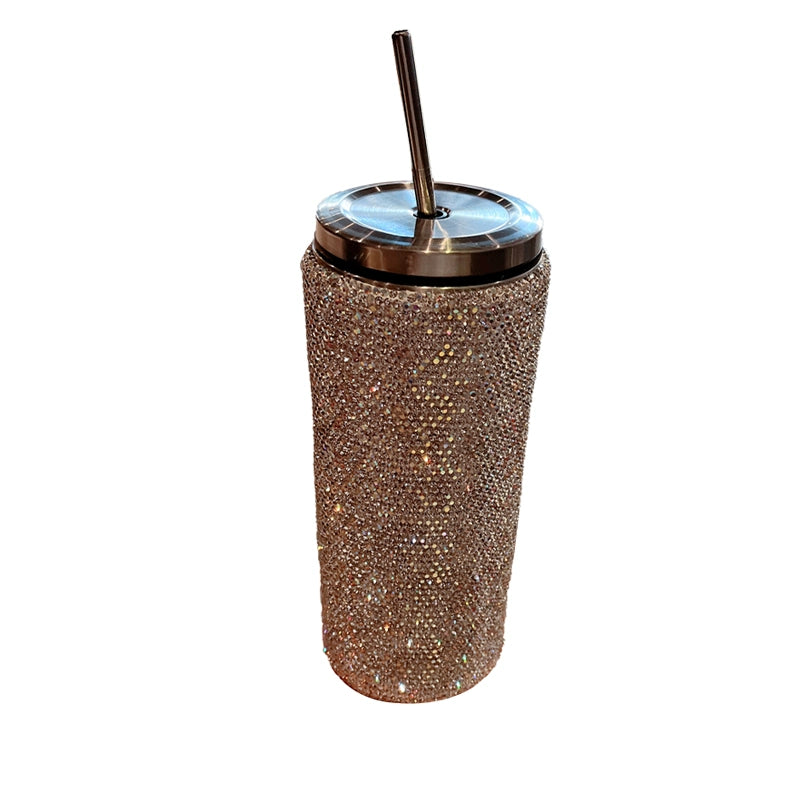 Diamond-Encrusted Stainless Steel Thermos Cup – Large-Capacity Portable Water Bottle with Straw for Car & Travel