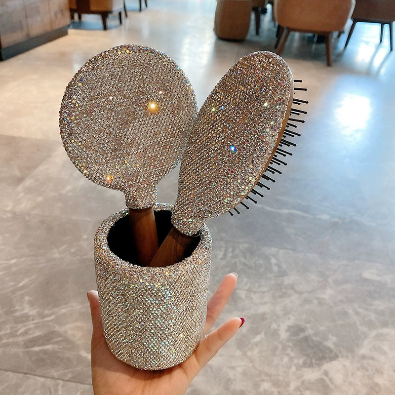 Diamond-Encrusted 3-Piece Dressing Table Set – Hair Comb, Wood Grain Mirror & Multi-Purpose Storage Bucket