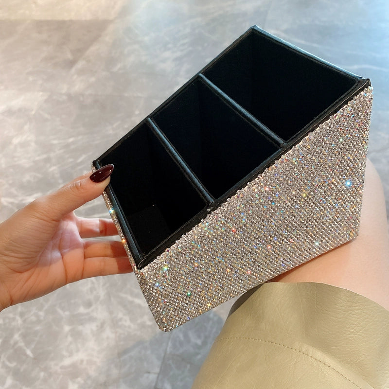 Diamond-Encrusted Korean Cosmetic Organizer – Multifunctional Desktop Storage for Skincare & Makeup
