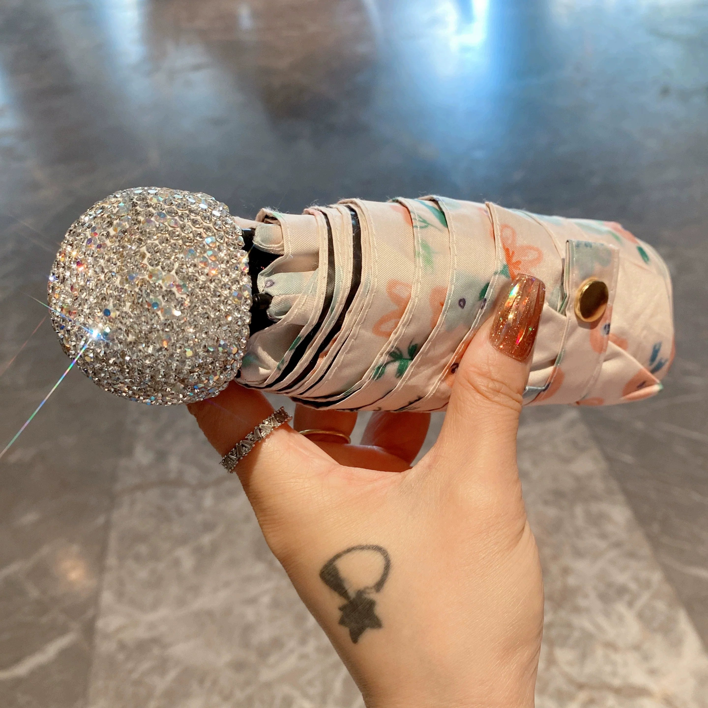 Small Diamond-Inlaid Floral Parasol – Anti-UV Folding Umbrella, Portable for Sun & Rain