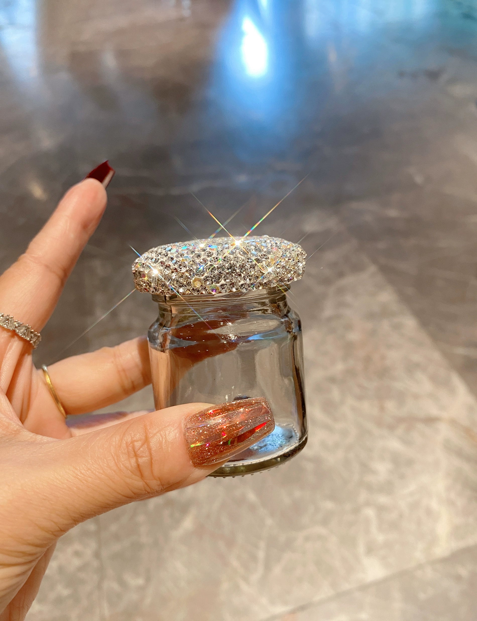 Diamond-Encrusted Mini Glass Storage Jar – Portable Golden Beans & Small Items Organizer