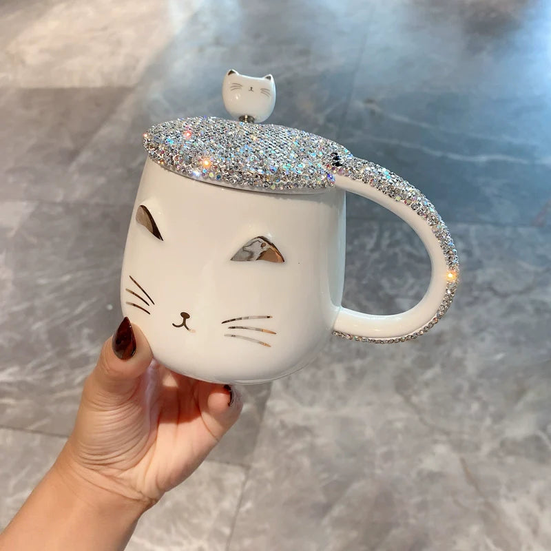 Celebrity Luxury Cat Mug – Diamond-Encrusted Girly Heart Water Cup with Lid and Spoon