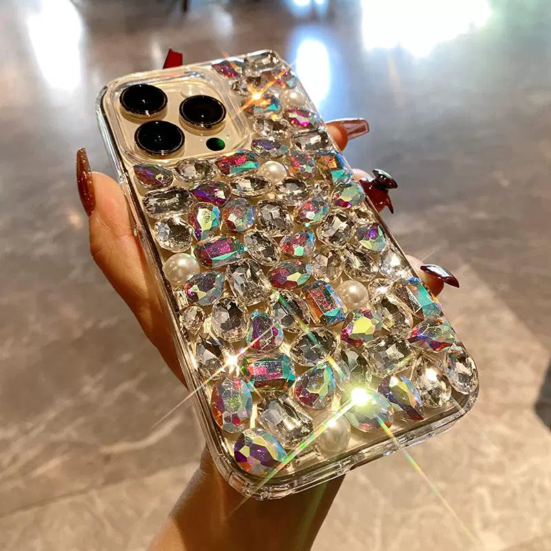 Diamond-Encrusted Acrylic iPhone Case – 13 Pro Max / 14 / 15 / 16 Compatible, 2-in-1 Airbag Anti-Fall Protective Cover