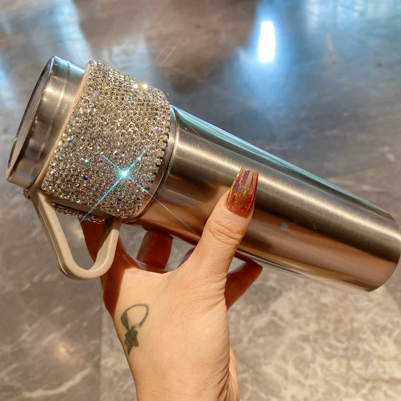 Stylish Diamond-Encrusted Water Tumbler with Lid – Large-Capacity Stainless Steel Thermos Cup