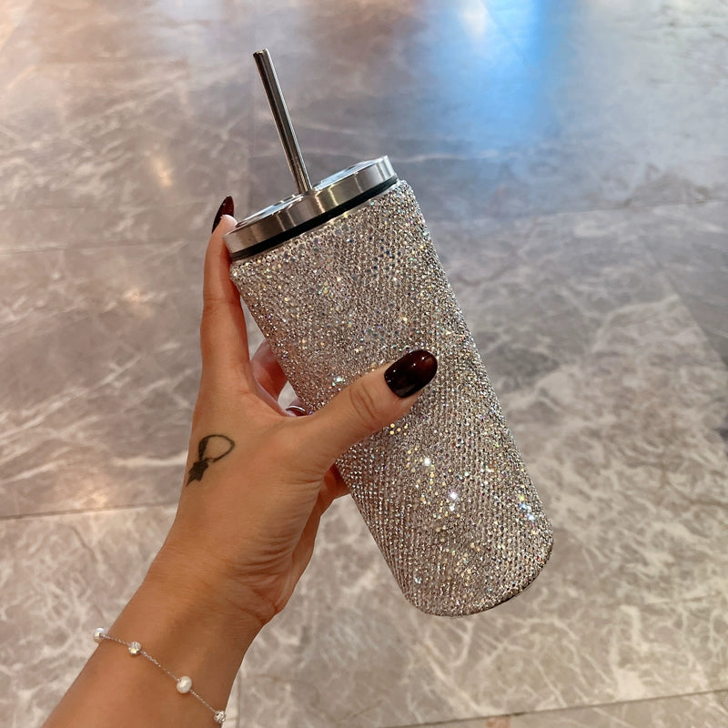 Diamond-Encrusted Stainless Steel Thermos Cup – Large-Capacity Portable Water Bottle with Straw for Car & Travel