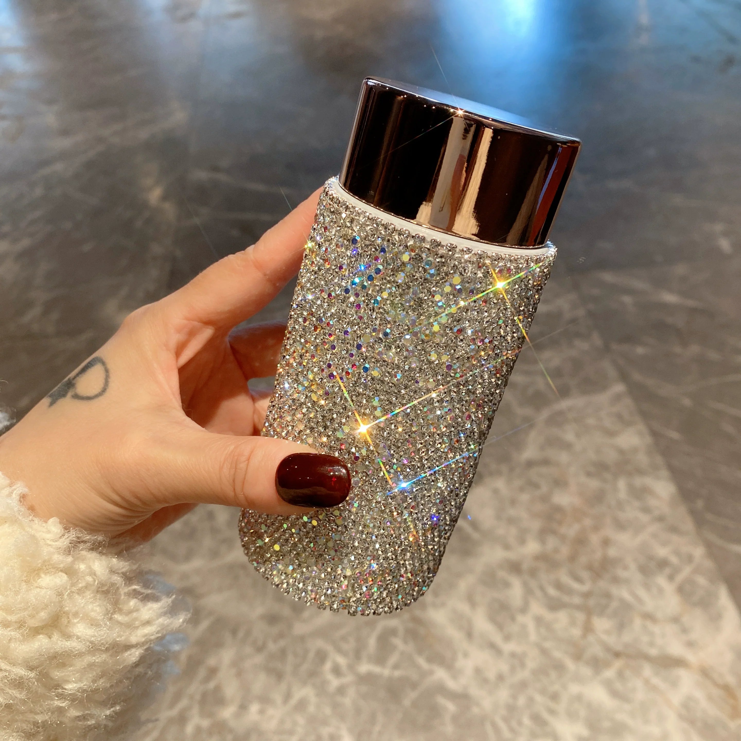 Mini Diamond-Encrusted Thermos Cup – Stainless Steel & Glass Water Bottle for Women