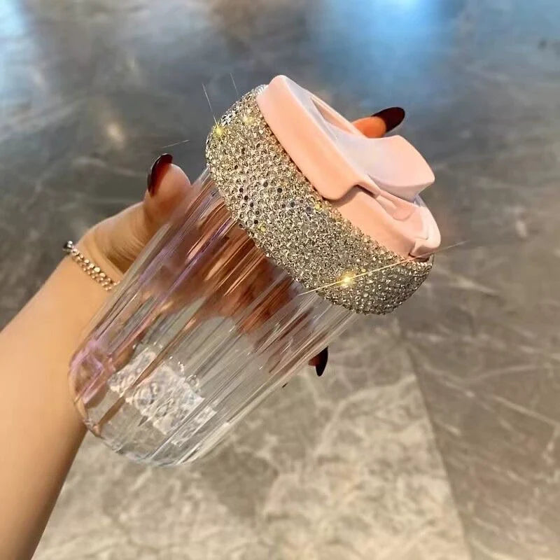 High-End Diamond-Encrusted Glass Cup – Portable Straw Coffee & Water Cup