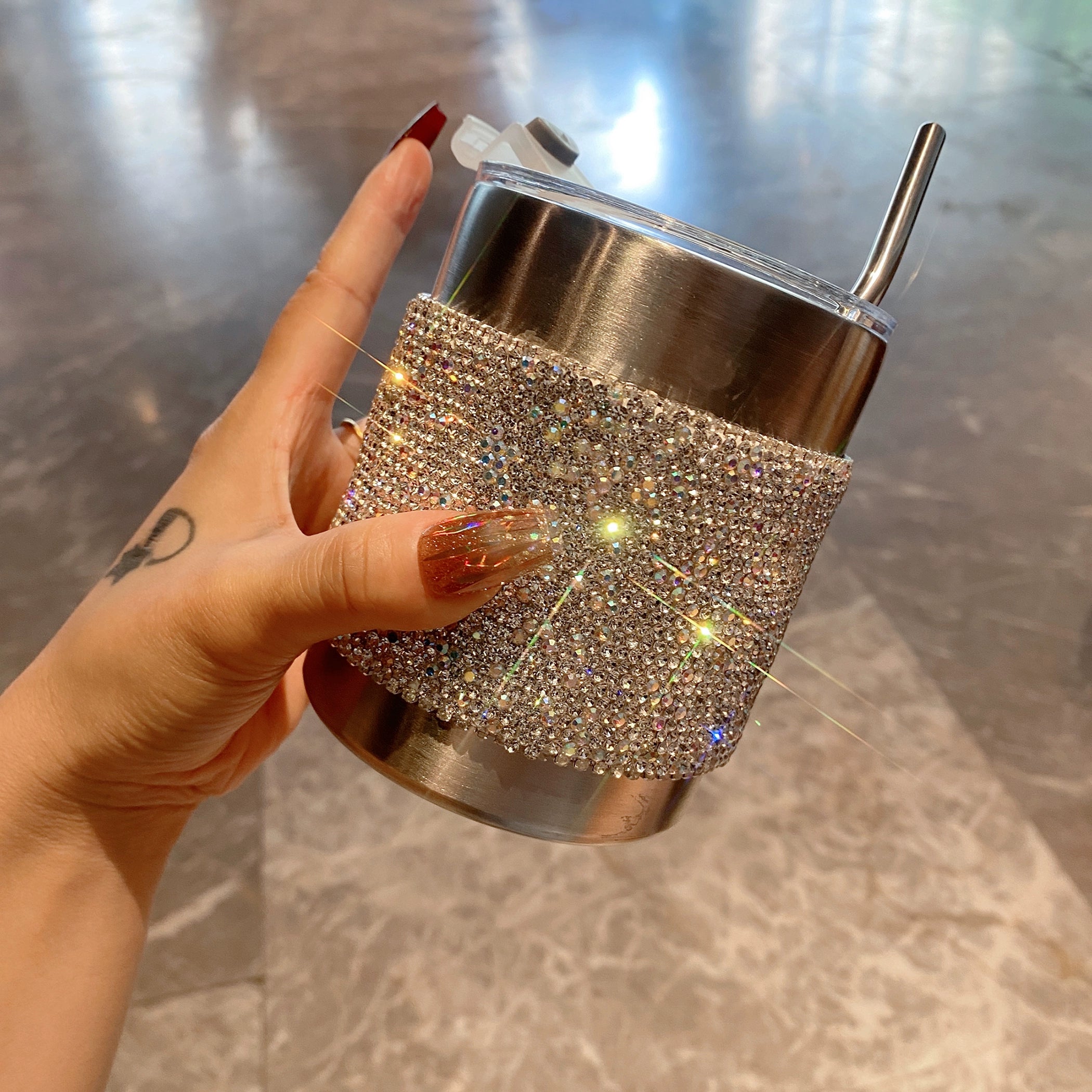 Diamond-Encrusted Stainless Steel Coffee Cup – Portable Straw Cup for Home & Office