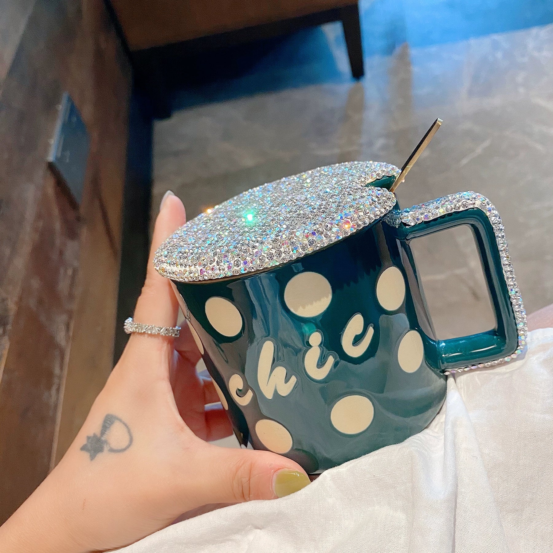 Household High-Looking Mug With Lid And Spoon Large Capacity Light Luxury Diamond-Encrusted Coffee Cup Office Internet Celebrity Style Tea Cup