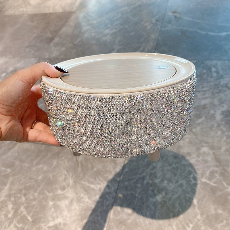 Diamond-Encrusted Desktop Trash Can – Push-Type Lid Storage Bucket for Home & Office
