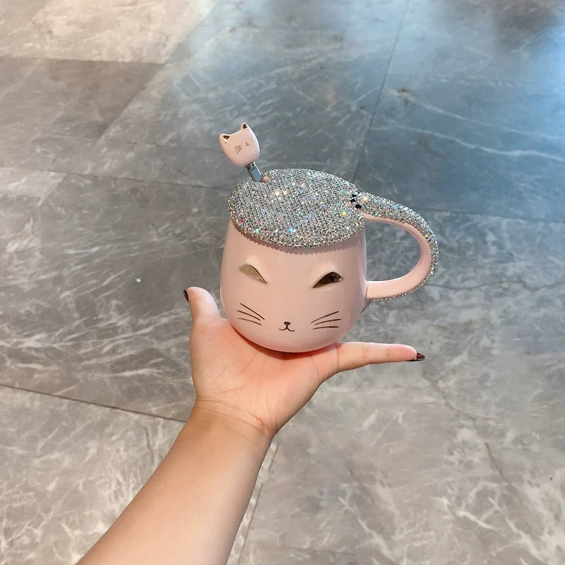 Celebrity Luxury Cat Mug – Diamond-Encrusted Girly Heart Water Cup with Lid and Spoon