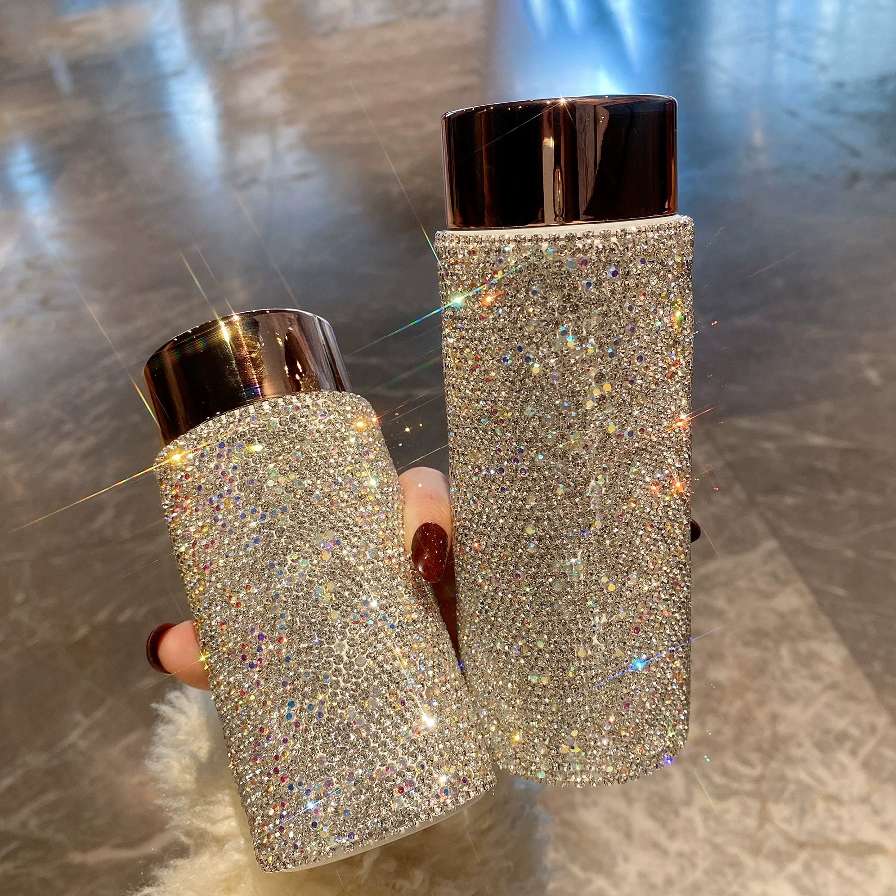 Mini Diamond-Encrusted Thermos Cup – Stainless Steel & Glass Water Bottle for Women