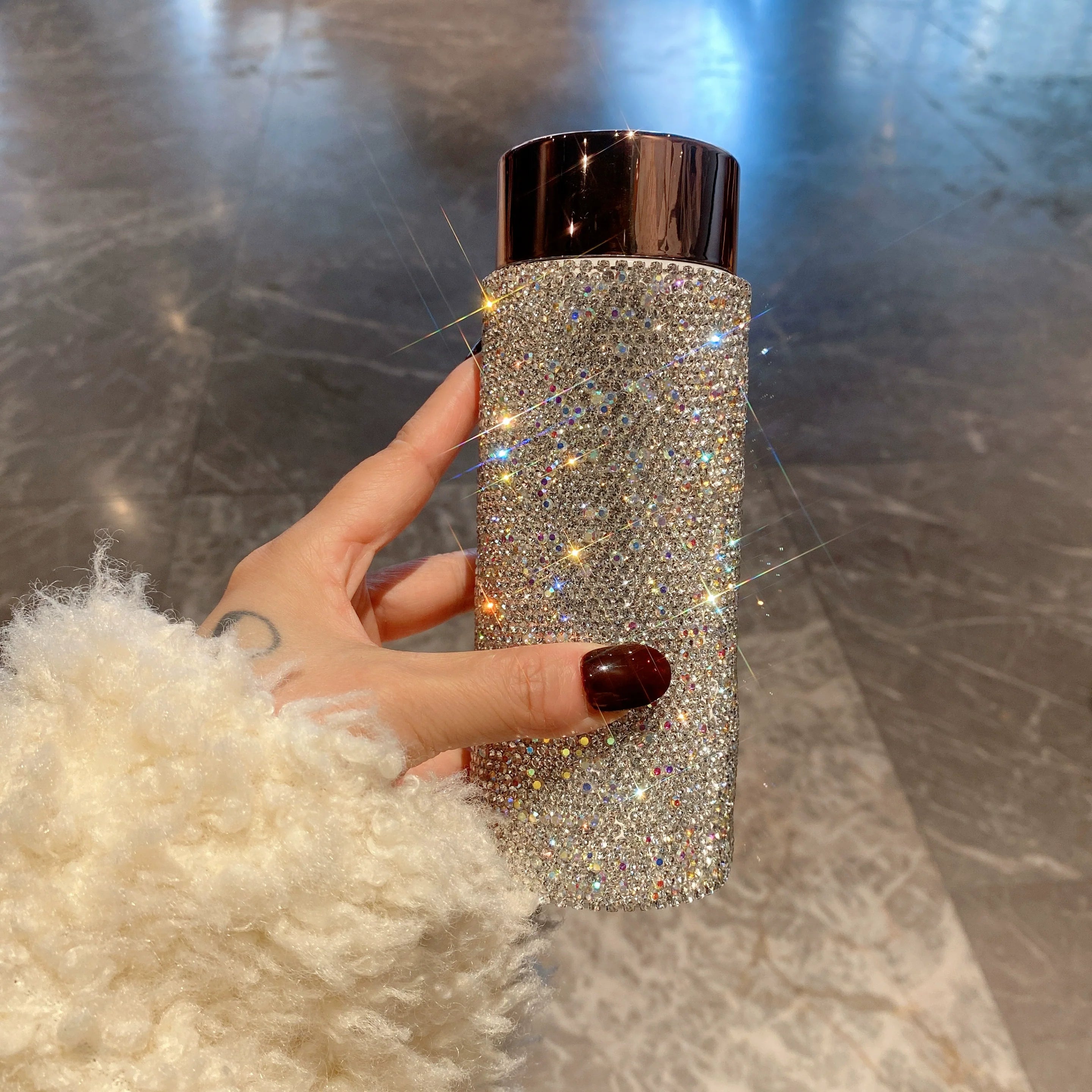 Mini Diamond-Encrusted Thermos Cup – Stainless Steel & Glass Water Bottle for Women