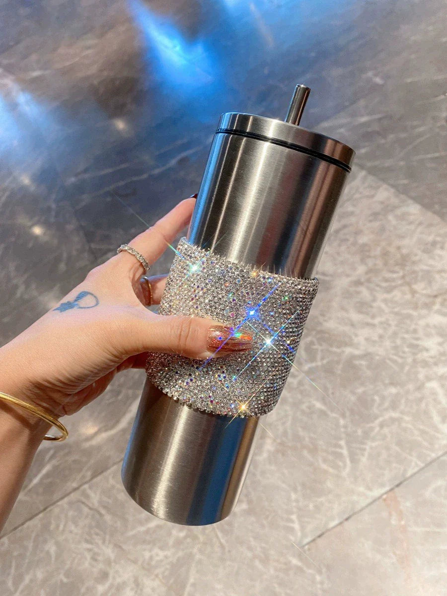 High-End Diamond-Encrusted Straw Cup – Portable Stainless Steel Coffee & Ice Cup