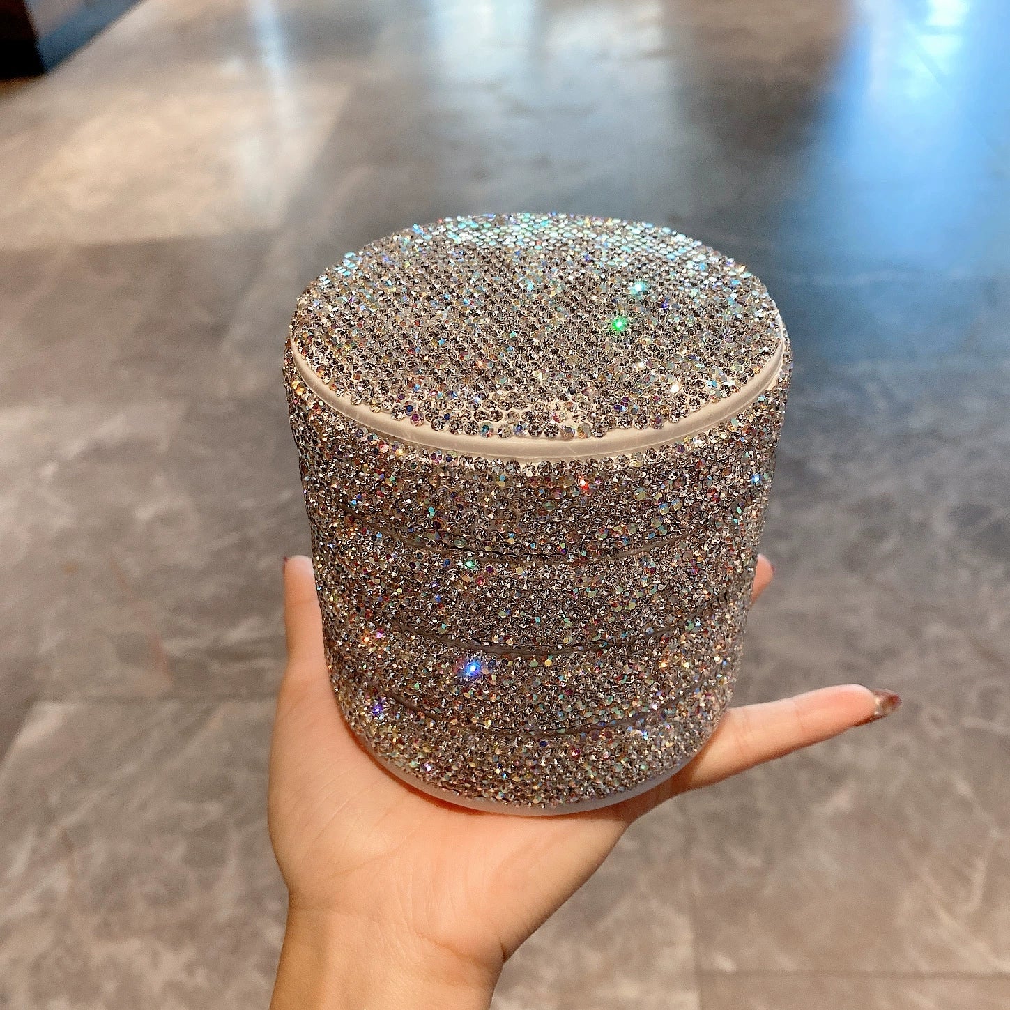Diamond-Encrusted Rotating Jewelry Box – Multi-Layer Storage for Earrings, Rings, and Hand Jewelry