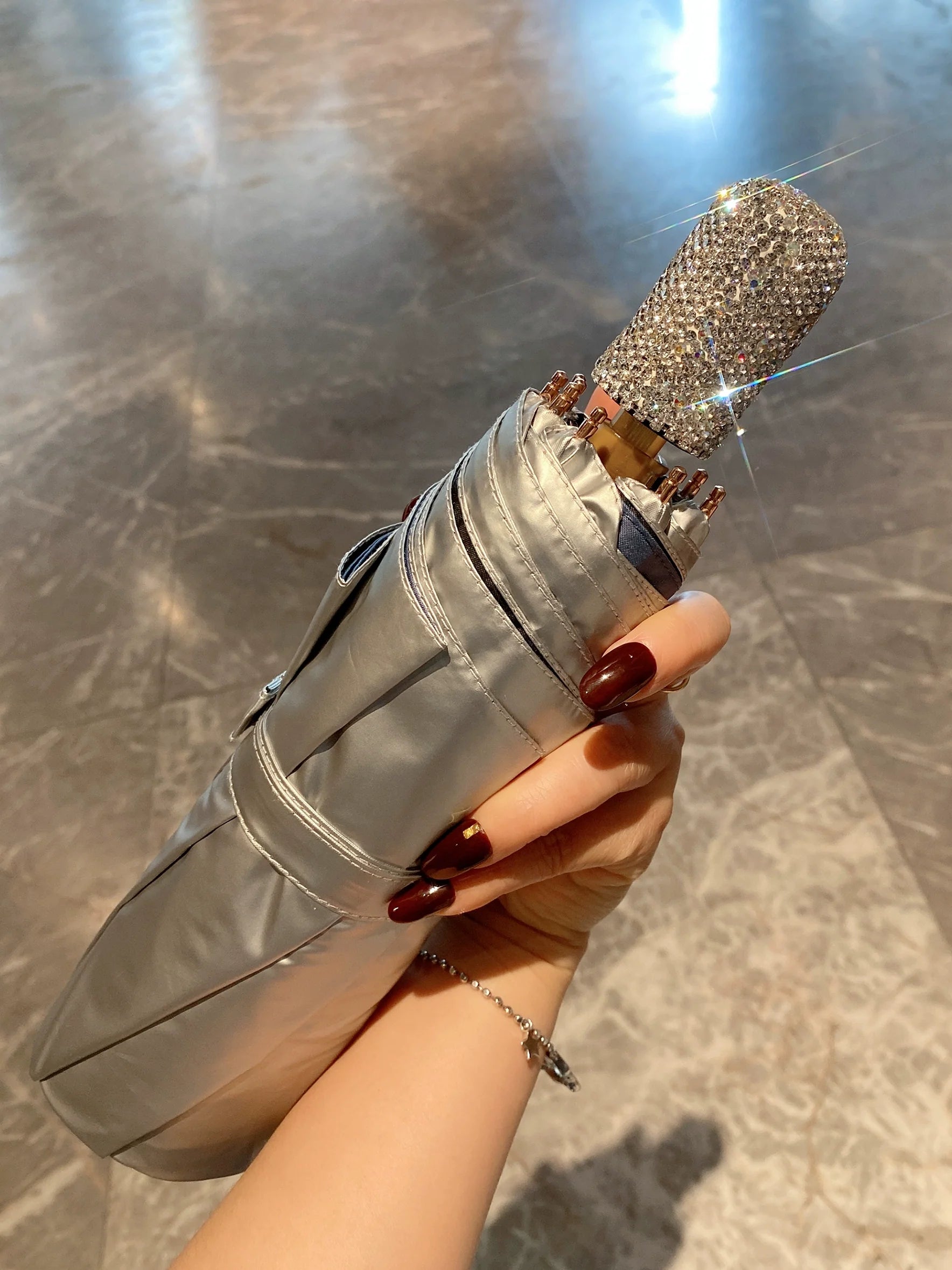 Diamond-Inlaid Double-Layer Sun Umbrella – UV Protection Vinyl Folding Umbrella for Rain or Shine