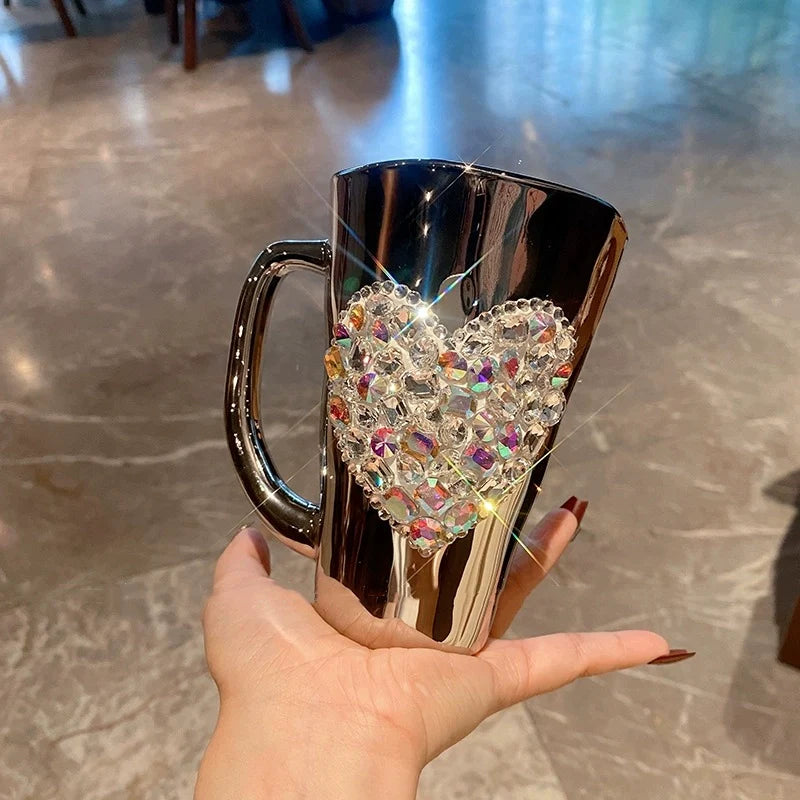 Diamond Heart-Shaped Glass Mug – Electroplated Coffee Cup, Tea Cup, Cute Gift Mug, Beverage Cup