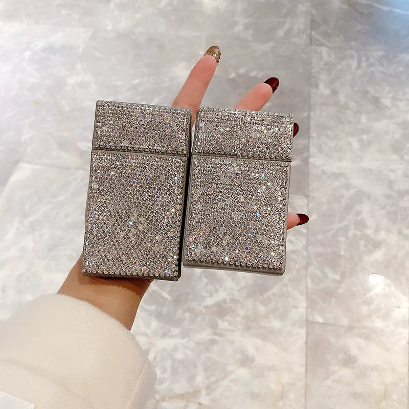 Personalized Diamond-Encrusted PU Leather Cigarette Case Set – Thick & Thin 20-Pack with Lighter, Portable