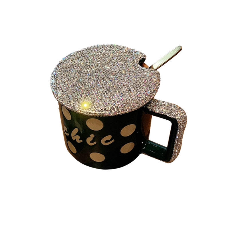 Household High-Looking Mug With Lid And Spoon Large Capacity Light Luxury Diamond-Encrusted Coffee Cup Office Internet Celebrity Style Tea Cup
